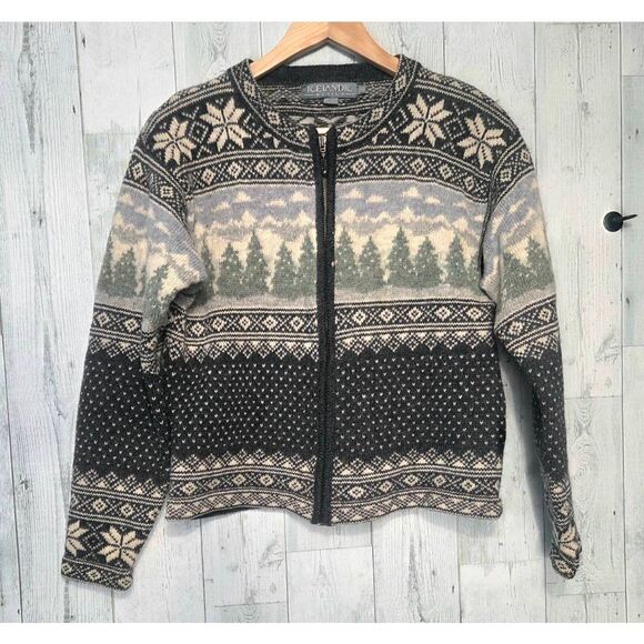 Icelandic Design RARE Wool Fair Isle Snowflake Forest Tree Full Zip Cardigan Sz. - Picture 1 of 8